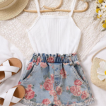 Cross-border Amazon cute girls' one-piece pants, strap pit denim print suit wholesale, one-piece delivery