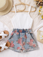 Cross-border Amazon cute girls' one-piece pants, strap pit denim print suit wholesale, one-piece delivery