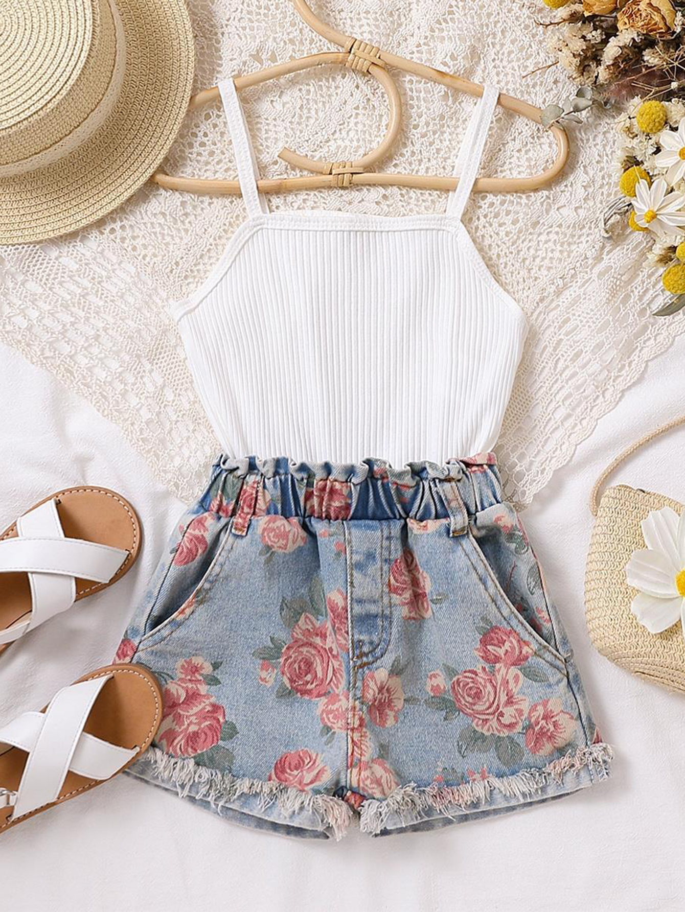 777 Cross-border Amazon cute girls' one-piece pants, strap pit denim print suit wholesale, one-piece delivery - Image 1