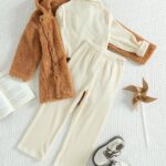 Warm winter fashionable suede jacket, high-neck textured top, long pants, warm autumn and winter set, pants set, three-piece suit