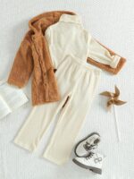 Warm winter fashionable suede jacket, high-neck textured top, long pants, warm autumn and winter set, pants set, three-piece suit