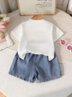 New cross-border girls' round-neck printed knitted top with bow embroidery and denim pants two-piece set - Image 2
