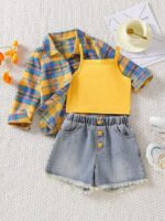 Cross-border exclusive three-piece set including a plaid collared shirt, a camisole vest, and heavy-duty washed denim jeans with fringed edges