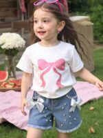 New cross-border girls' round-neck printed knitted top and denim beaded bow tie jeans two-piece set - Image 3