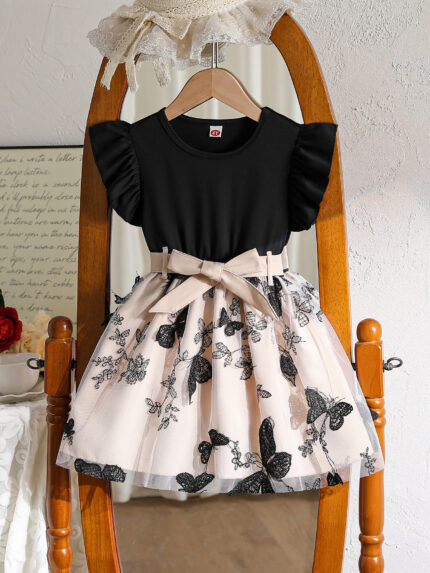 2026 Cross-border European and American Spring and Summer New Girls' Flying Sleeve Dress Knitted Pullover Dress for Middle and Small Children Princess Dress