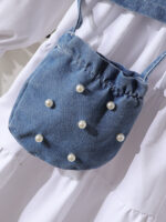 Cross-border autumn new style shirt with lapel and bead-decorated dress + bead-decorated denim vest + shoulder bag three-piece set - Image 3