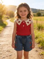 2026 hot-selling girls' cute strawberry-colored plain top matching embroidered denim short set, two-piece set - Image 2