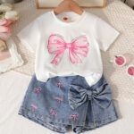New cross-border girls' round-neck printed knitted top with bow embroidery and denim pants two-piece set