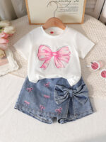 New cross-border girls' round-neck printed knitted top with bow embroidery and denim pants two-piece set
