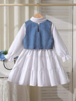 Cross-border autumn new style shirt with lapel and bead-decorated dress + bead-decorated denim vest + shoulder bag three-piece set - Image 2