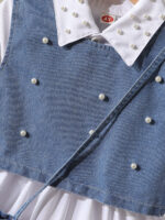 Cross-border autumn new style shirt with lapel and bead-decorated dress + bead-decorated denim vest + shoulder bag three-piece set - Image 5