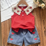 2026 hot-selling girls' cute strawberry-colored plain top matching embroidered denim short set, two-piece set