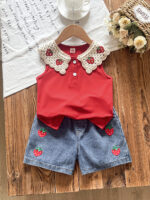 2026 hot-selling girls' cute strawberry-colored plain top matching embroidered denim short set, two-piece set