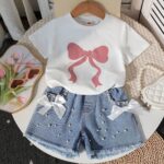New cross-border girls' round-neck printed knitted top and denim beaded bow tie jeans two-piece set