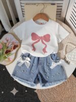 New cross-border girls' round-neck printed knitted top and denim beaded bow tie jeans two-piece set