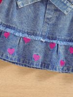 2025 hot-selling girls' set: floral-patterned small flared sleeves textured top with heart embroidery, washed denim skirt - Image 3