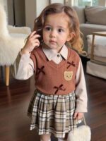 Autumn new style baby girls' school style shirt, knitted vest, checkered pleated skirt three-piece set - Image 3