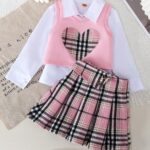 New summer cross-border girls' three-piece set: lapel shirt, checkered patchwork skirt