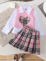 New summer cross-border girls' three-piece set: lapel shirt, checkered patchwork skirt
