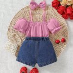Hot Sale: Baby Girls' One-Shoulder Lotus-Leaf-Patterned Strap Top with Butterfly Embroidery, Denim Short Set with Headscarf