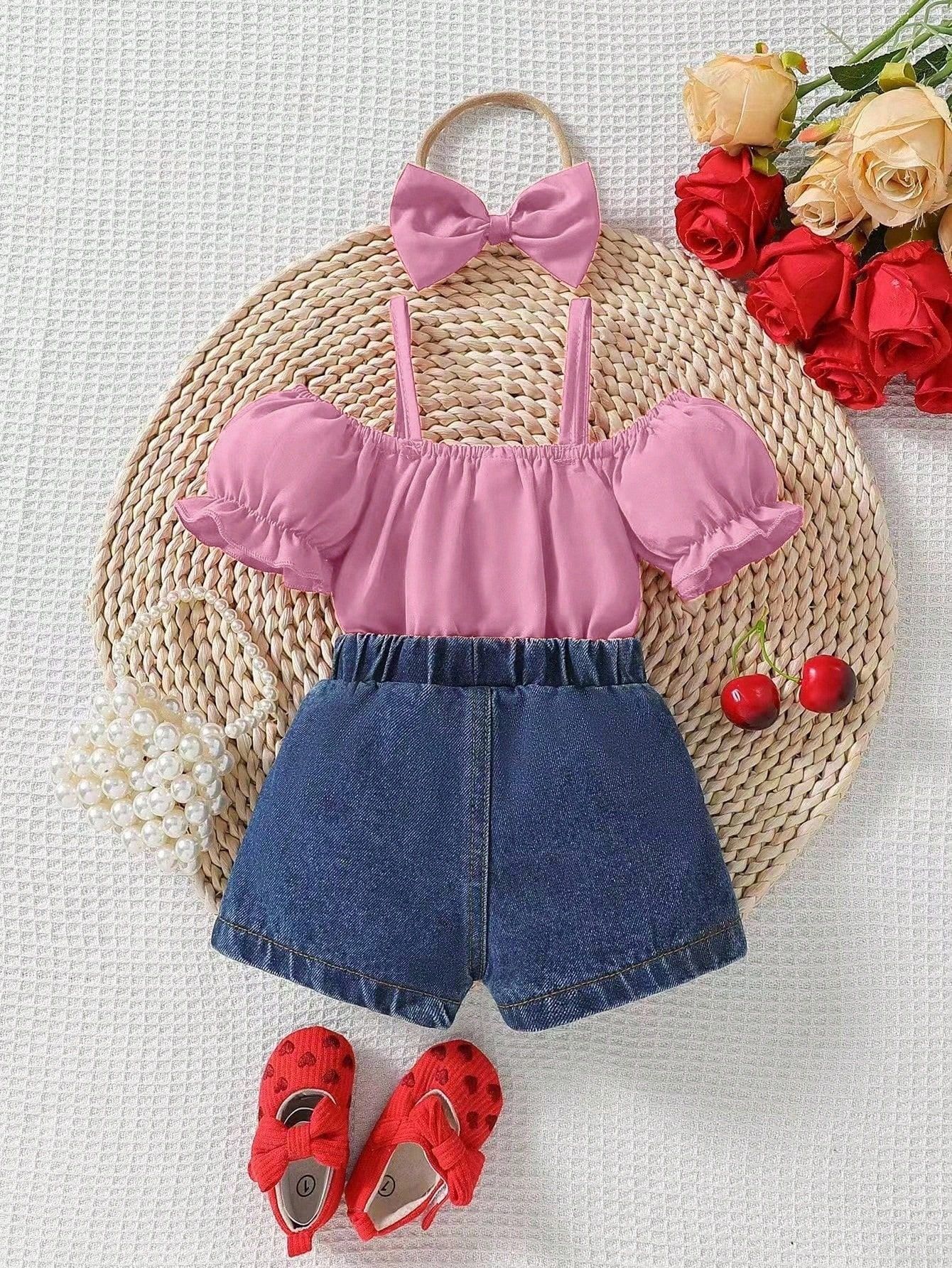 O1CN01ZybpSI1evpEzQusIi_2360553934-0-cib-1.jpg Hot Sale: Baby Girls' One-Shoulder Lotus-Leaf-Patterned Strap Top with Butterfly Embroidery, Denim Short Set with Headscarf - Image 1
