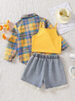 Cross-border exclusive three-piece set including a plaid collared shirt, a camisole vest, and heavy-duty washed denim jeans with fringed edges - Image 2