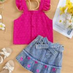 2025 hot-selling girls' set: floral-patterned small flared sleeves textured top with heart embroidery, washed denim skirt