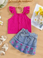 2025 hot-selling girls' set: floral-patterned small flared sleeves textured top with heart embroidery, washed denim skirt
