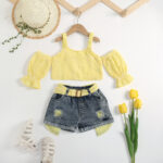 Summer new style ins cross-border e-commerce foreign trade two-piece set for sweet girls, featuring a camisole with off-shoulder and puffed sleeves - Image 2