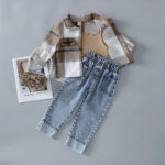 New autumn cross-border girls' woolen turtleneck shirt, camisole, denim vest, heavy-washed denim jeans three-piece set
