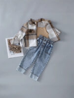 New autumn cross-border girls' woolen turtleneck shirt, camisole, denim vest, heavy-washed denim jeans three-piece set