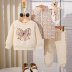 Three-piece set including cross-border European and American diamond pattern pressed vest, patchwork embroidered round-neck sweater, and long pants for autumn and winter