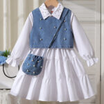 Cross-border autumn new style shirt with lapel and bead-decorated dress + bead-decorated denim vest + shoulder bag three-piece set