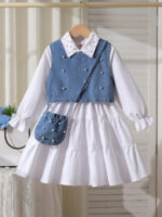 Cross-border autumn new style shirt with lapel and bead-decorated dress + bead-decorated denim vest + shoulder bag three-piece set