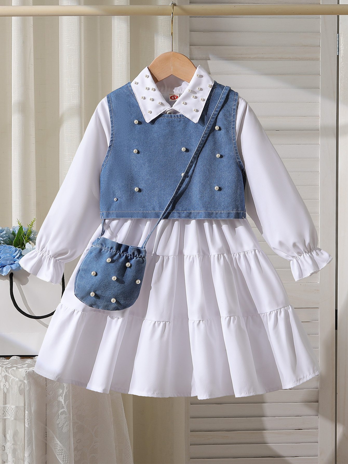 O1CN01nojl4X1evpDDzJNt7_2360553934-0-cib-1.jpg Cross-border autumn new style shirt with lapel and bead-decorated dress + bead-decorated denim vest + shoulder bag three-piece set - Image 1