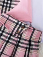 New summer cross-border girls' three-piece set: lapel shirt, checkered patchwork skirt - Image 2