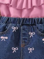Hot Sale: Baby Girls' One-Shoulder Lotus-Leaf-Patterned Strap Top with Butterfly Embroidery, Denim Short Set with Headscarf - Image 3