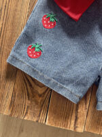 2026 hot-selling girls' cute strawberry-colored plain top matching embroidered denim short set, two-piece set - Image 3