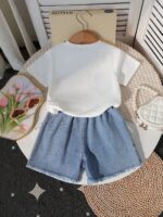 New cross-border girls' round-neck printed knitted top and denim beaded bow tie jeans two-piece set - Image 2