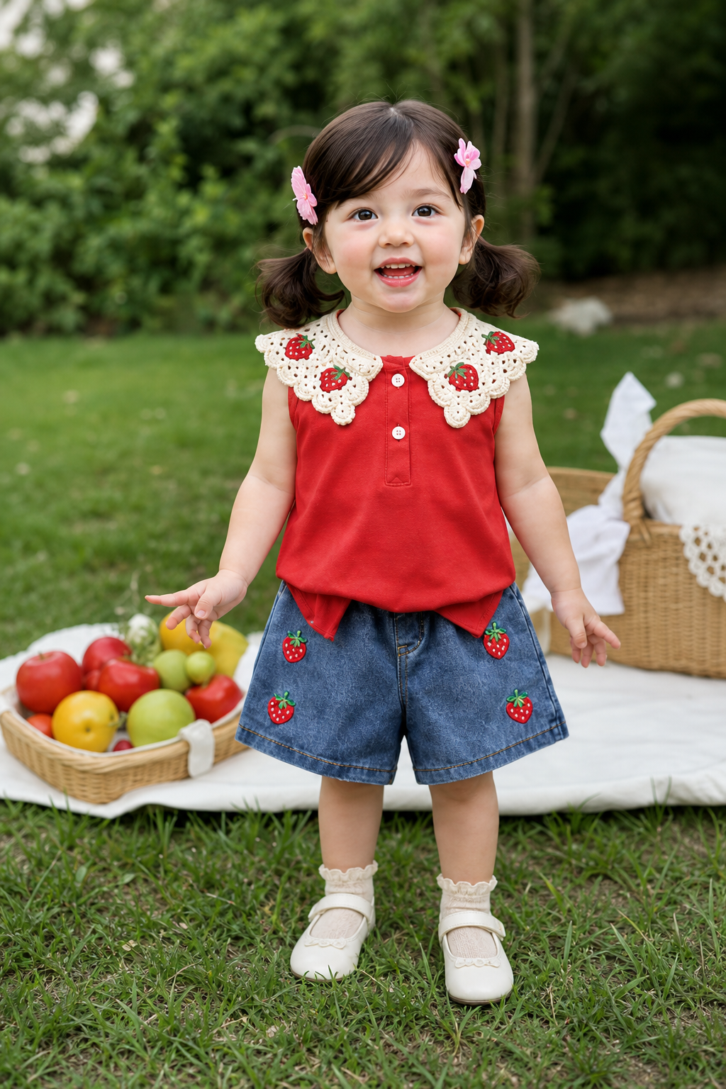 Girl wearing red top and denim shorts