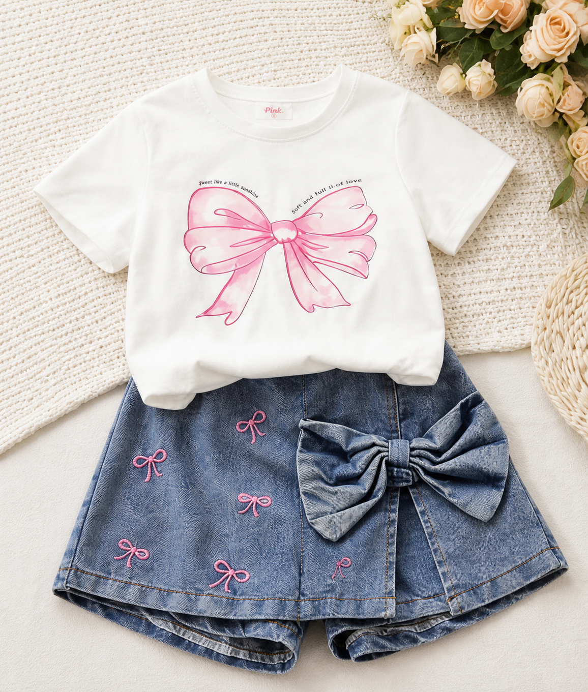 Girls outfit flat lay with bow shirt and denim skirt
