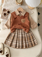 Autumn new style baby girls' school style shirt, knitted vest, checkered pleated skirt three-piece set