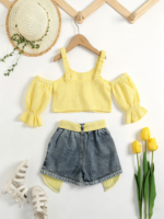 Summer new style ins cross-border e-commerce foreign trade two-piece set for sweet girls, featuring a camisole with off-shoulder and puffed sleeves