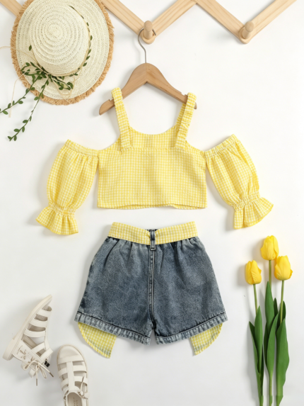 Summer new style ins cross-border e-commerce foreign trade two-piece set for sweet girls, featuring a camisole with off-shoulder and puffed sleeves